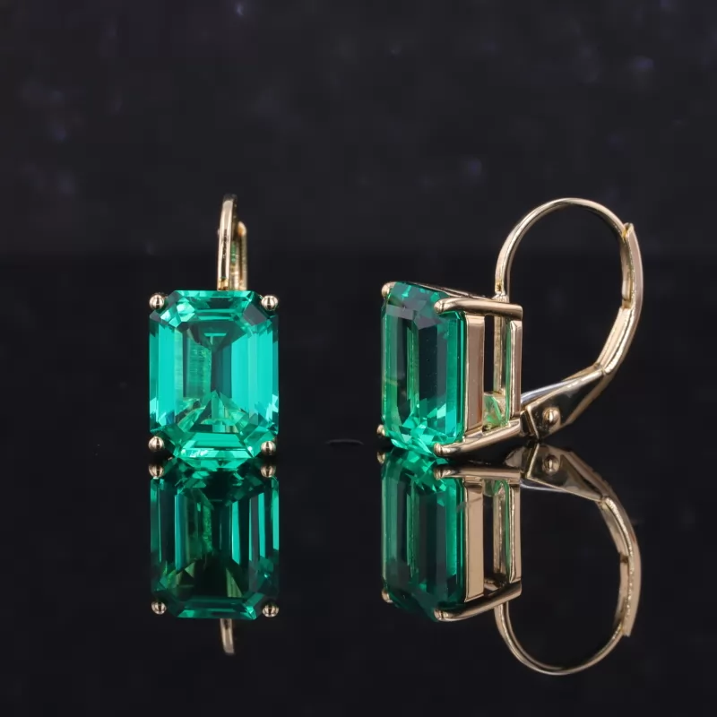 7×9mm Octagon Emerald Cut Lab Grown Emerald 14K Gold Diamond Earrings