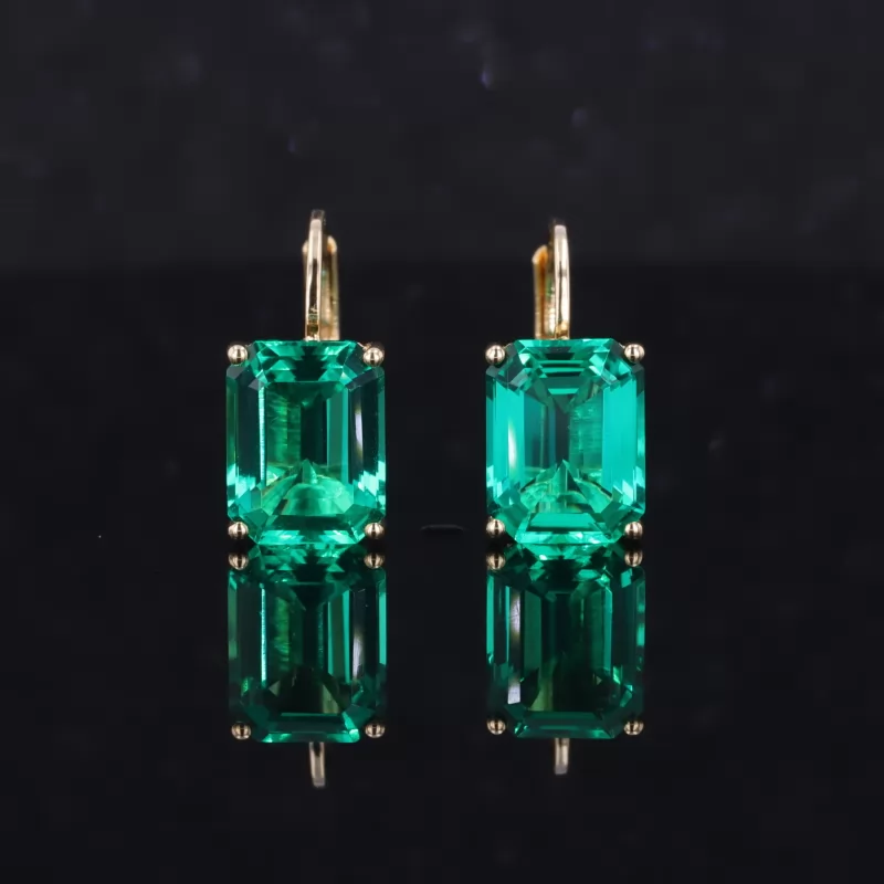 7×9mm Octagon Emerald Cut Lab Grown Emerald 14K Yellow Gold Diamond Earrings