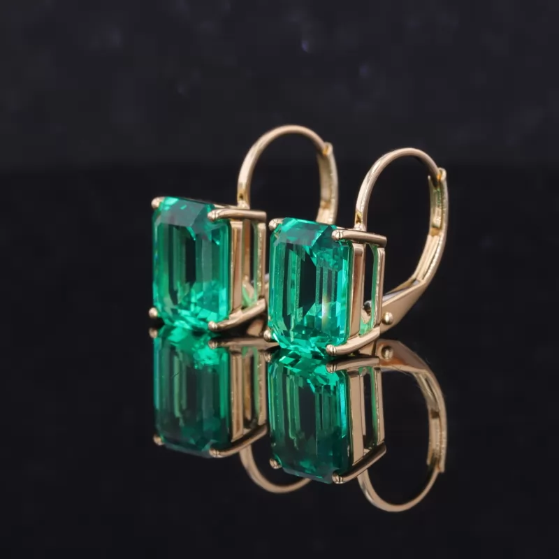 7×9mm Octagon Emerald Cut Lab Grown Emerald 14K Yellow Gold Diamond Earrings