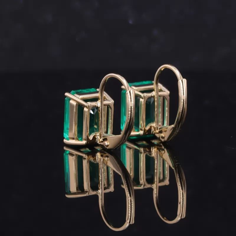 7×9mm Octagon Emerald Cut Lab Grown Emerald 14K Yellow Gold Diamond Earrings