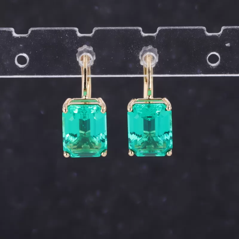 7×9mm Octagon Emerald Cut Lab Grown Emerald 14K Yellow Gold Diamond Earrings