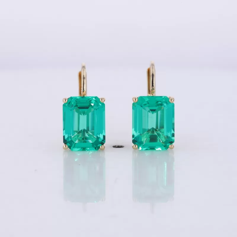 7×9mm Octagon Emerald Cut Lab Grown Emerald 14K Yellow Gold Diamond Earrings