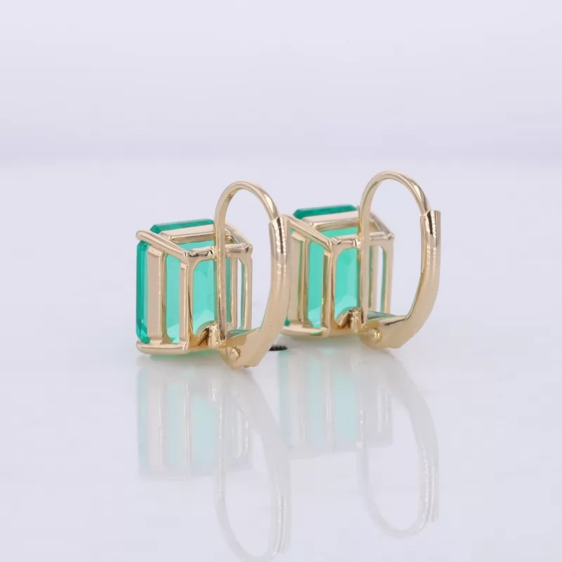 7×9mm Octagon Emerald Cut Lab Grown Emerald 14K Yellow Gold Diamond Earrings