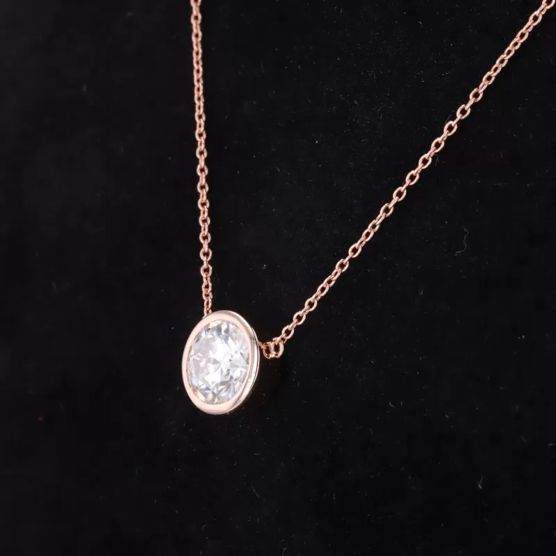 8mm Round Brilliant Cut Moissanite Bezel Set 14K Rose Gold Diamond Pendant Necklace