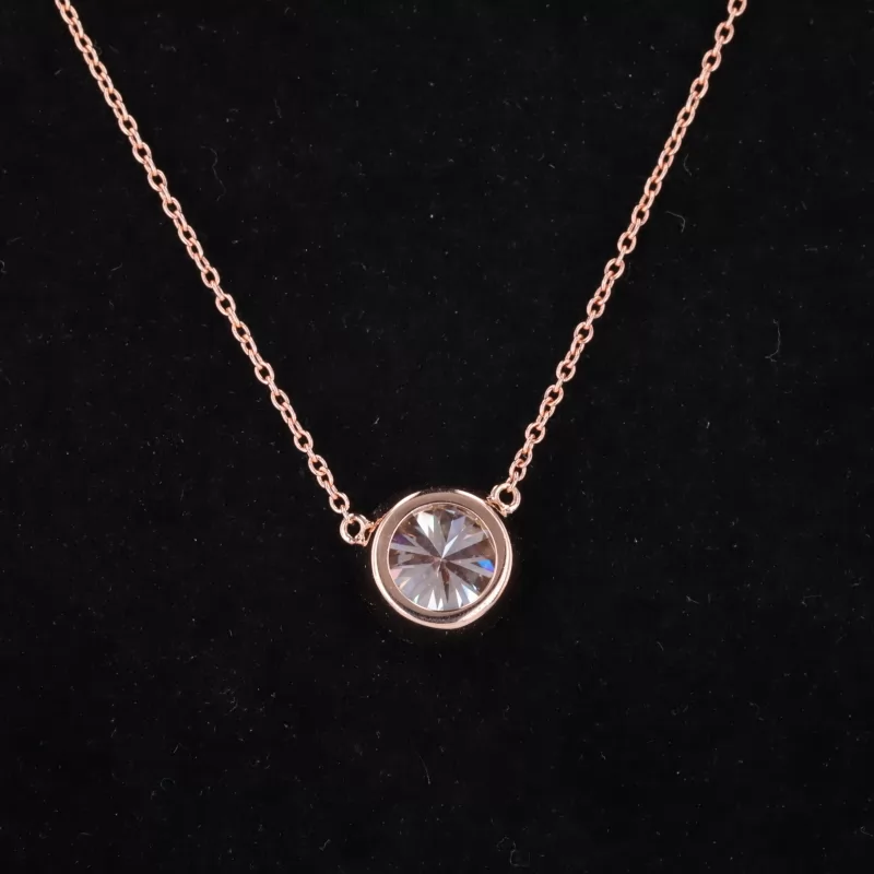 8mm Round Brilliant Cut Moissanite Bezel Set 14K Rose Gold Diamond Pendant Necklace