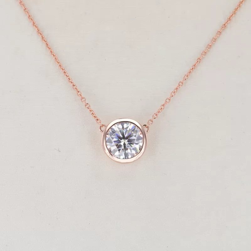 8mm Round Brilliant Cut Moissanite Bezel Set 14K Rose Gold Diamond Pendant Necklace