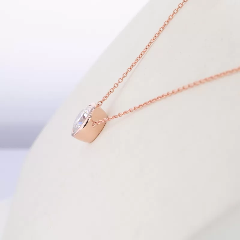 8mm Round Brilliant Cut Moissanite Bezel Set 14K Rose Gold Diamond Pendant Necklace