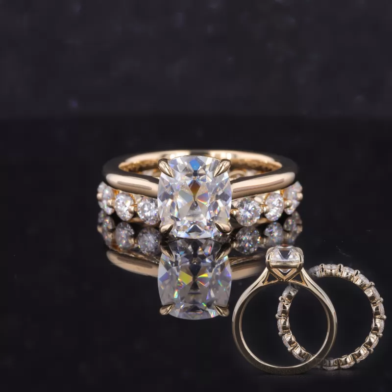 7.5×8.5mm Cushion Cut Moissanite 10K Yellow Gold Stackable Rings