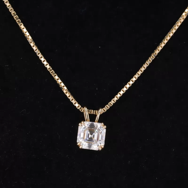 6.5×6.5mm Asscher Cut Moissanite 14K Yellow Gold Diamond Pendant Necklace