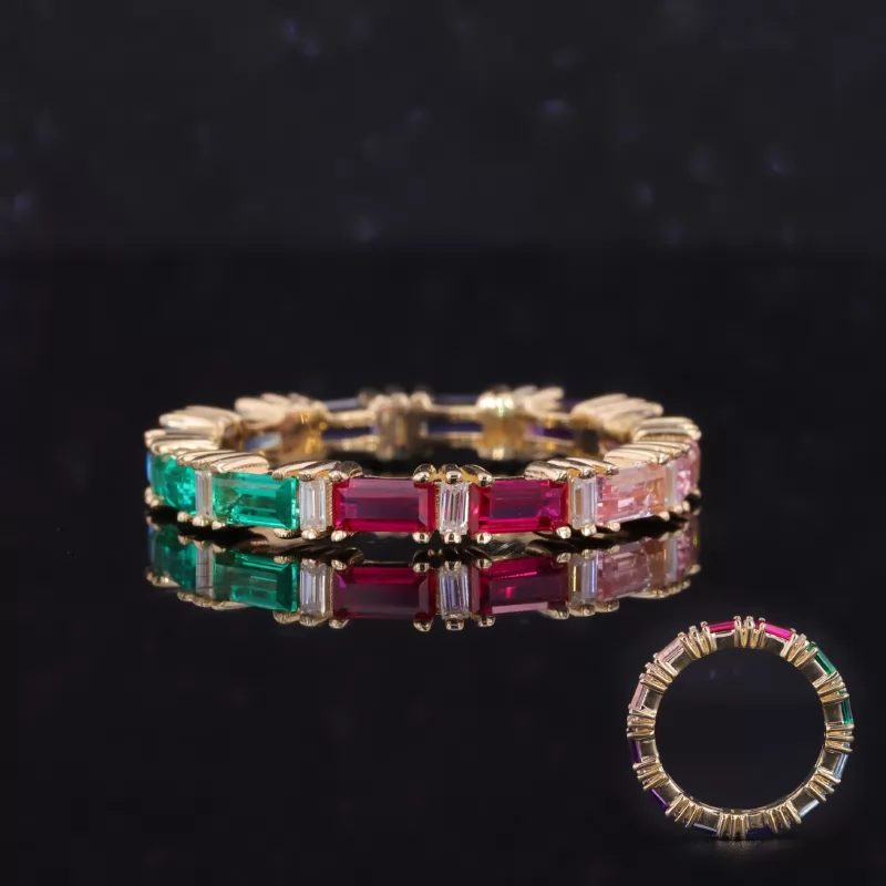 2×4mm Baguette Step Cut Colors Lab Gemstones 9K Yellow Gold Diamond Eternity Ring