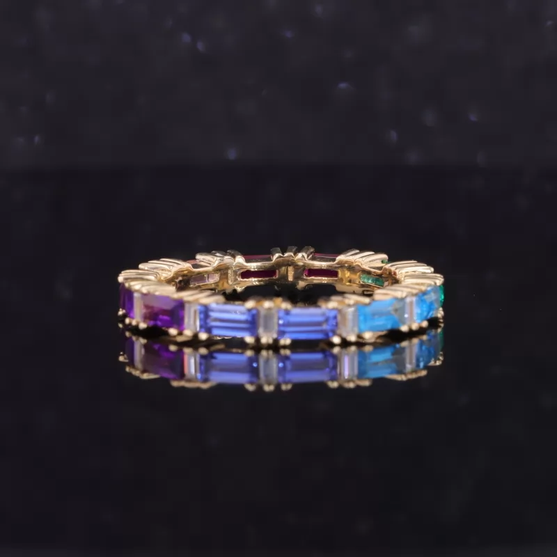 2×4mm Baguette Step Cut Colors Lab Gemstones 9K Yellow Gold Diamond Eternity Ring