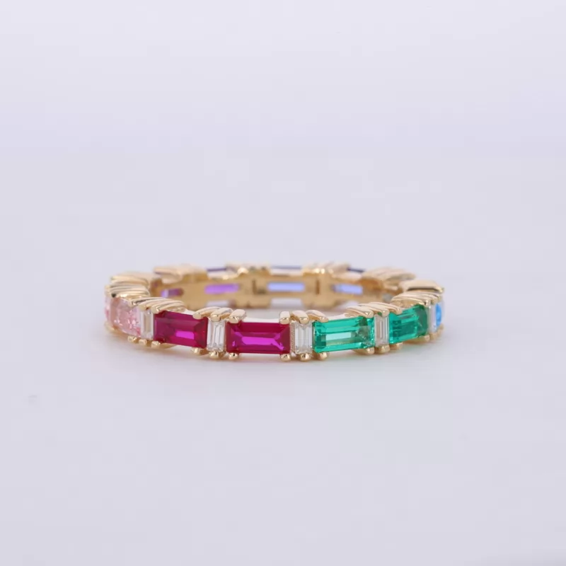 2×4mm Baguette Step Cut Colors Lab Gemstones 9K Yellow Gold Diamond Eternity Ring