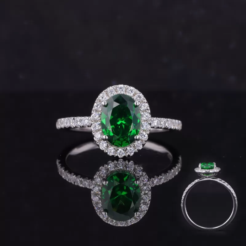 6×8mm Oval Cut Lab Grown Emerald S925 Sterling Silver Halo Engagement Ring