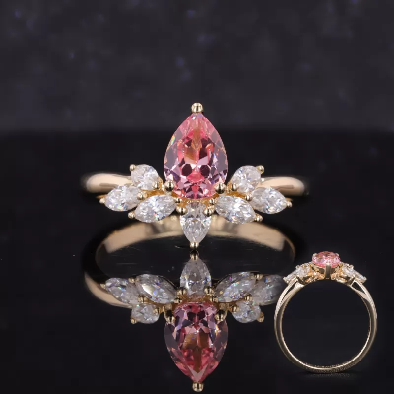 5×7mm Pear Cut Lab Grown Sukura Pink Sapphire 14K Gold Vintage Engagement Ring