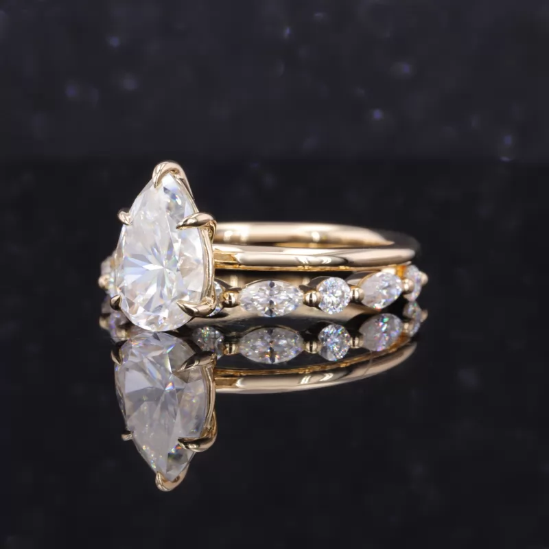 7×11mm Pear Cut Moissanite 14K Yellow Gold Stackable Rings