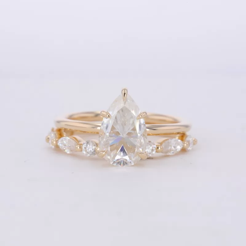 7×11mm Pear Cut Moissanite 14K Yellow Gold Stackable Rings