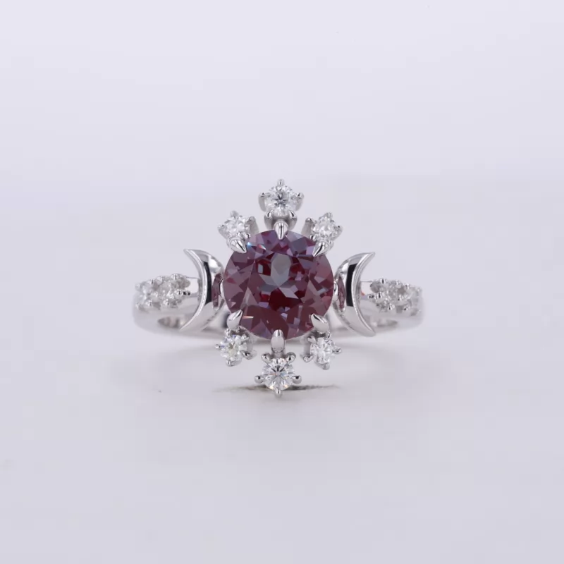 7mm Round Brilliant Cut Lab Grown Alexandrite Sapphire 14K White Gold Stackable Rings