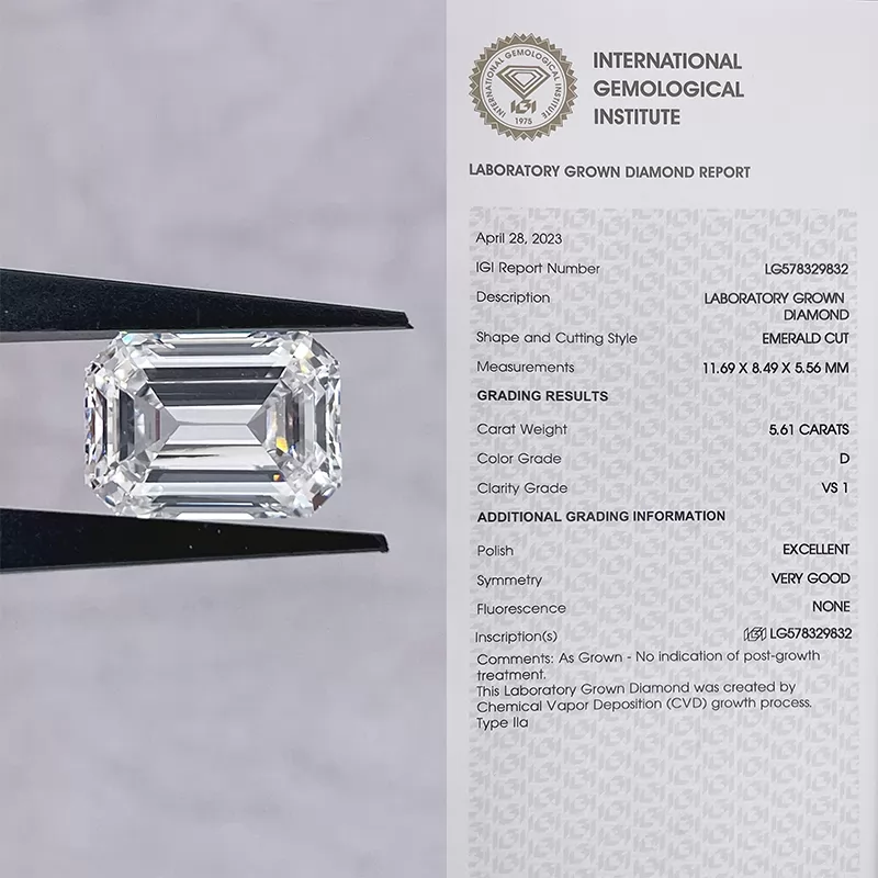 5.61ct D VS1 Octagon Emerald Cut IGI CVD Lab Grown Diamond