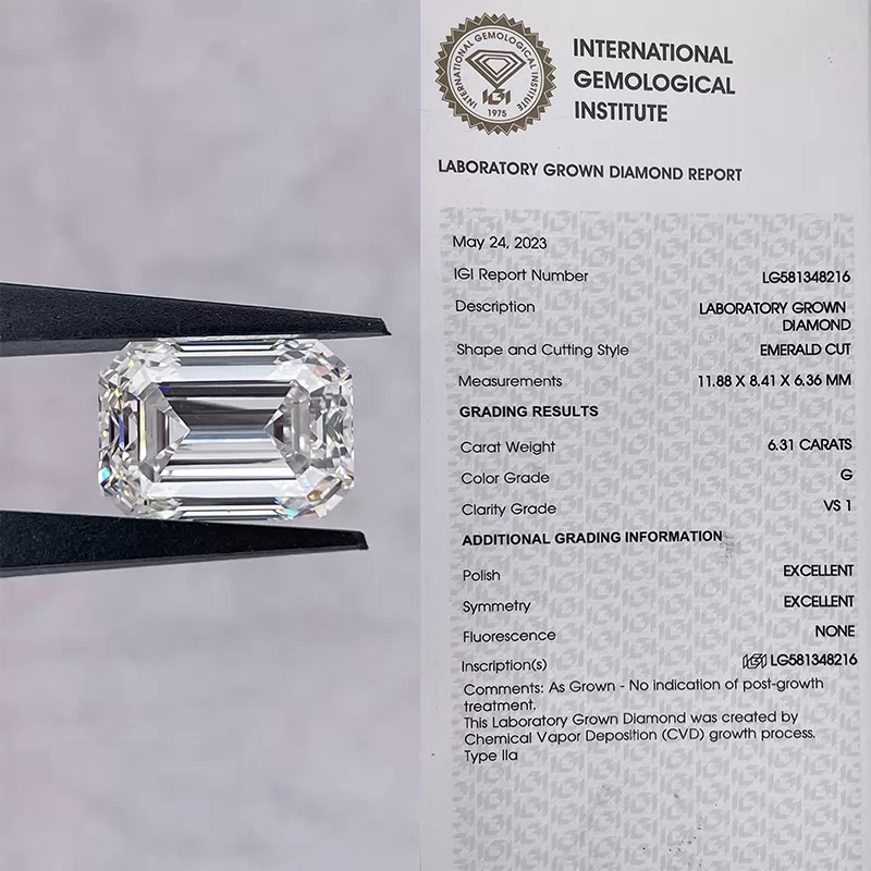 6.31ct G VS1 Octagon Emerald Cut IGI CVD Lab Grown Diamond