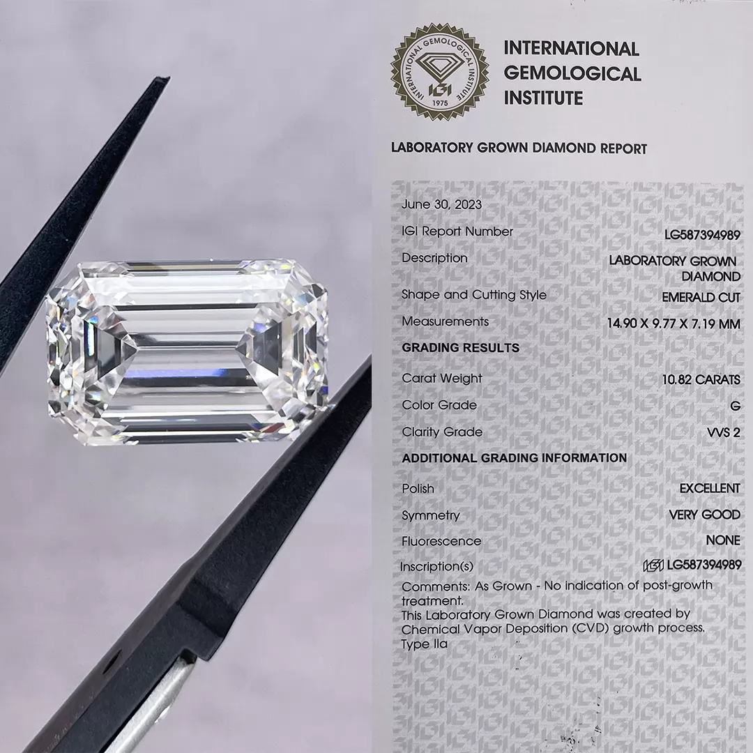 10.82ct G VVS2 Octagon Emerald Cut IGI CVD Lab Grown Diamond