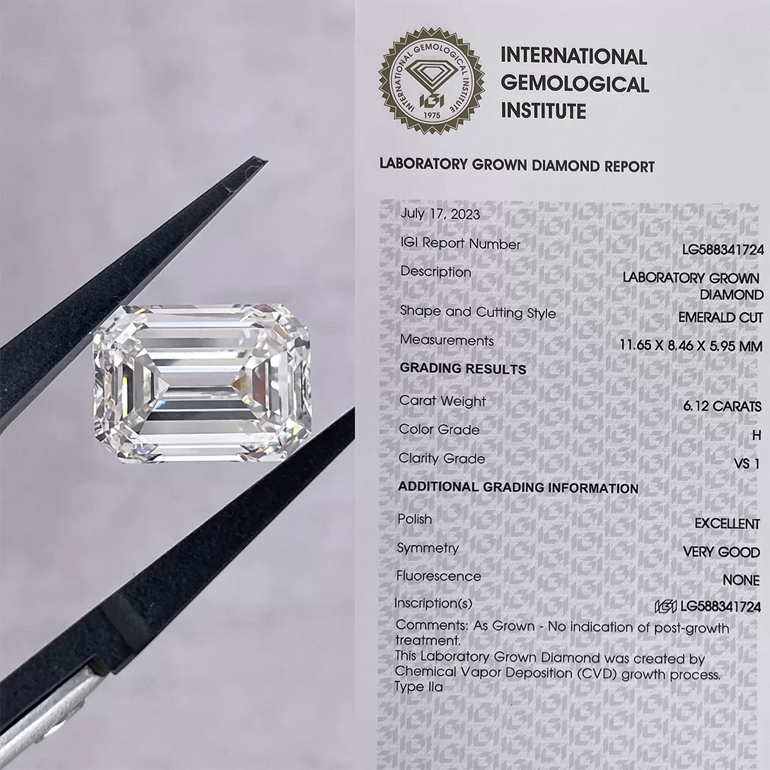 6.12ct H VS1 Octagon Emerald Cut IGI CVD Lab Grown Diamond