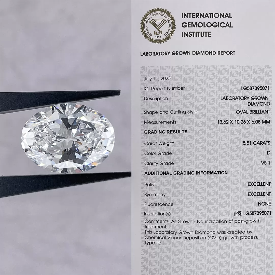 5.51ct D VS1 Oval Cut IGI CVD Lab Grown Diamond