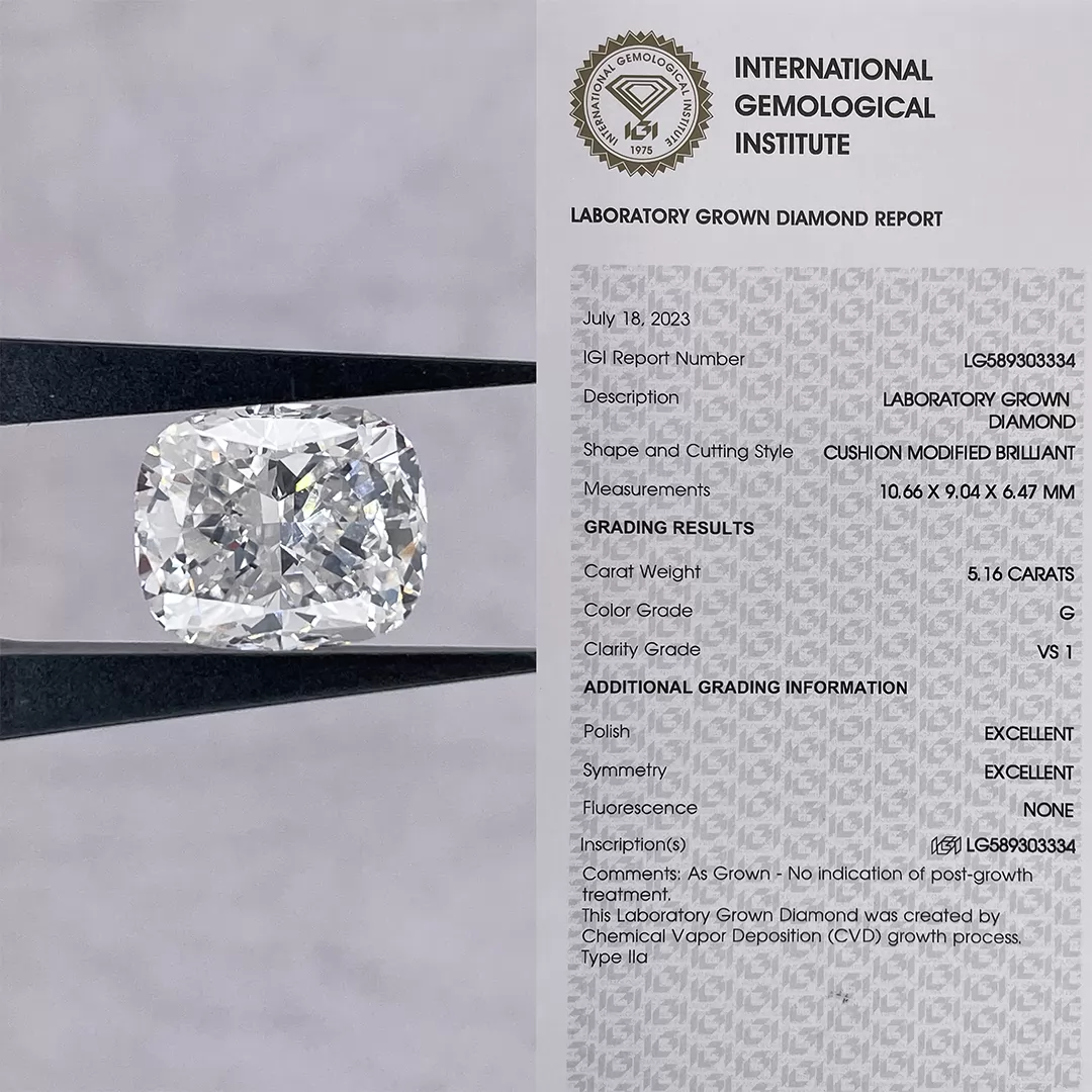 5.16ct G VS1 Cushion Cut IGI CVD Lab Grown Diamond