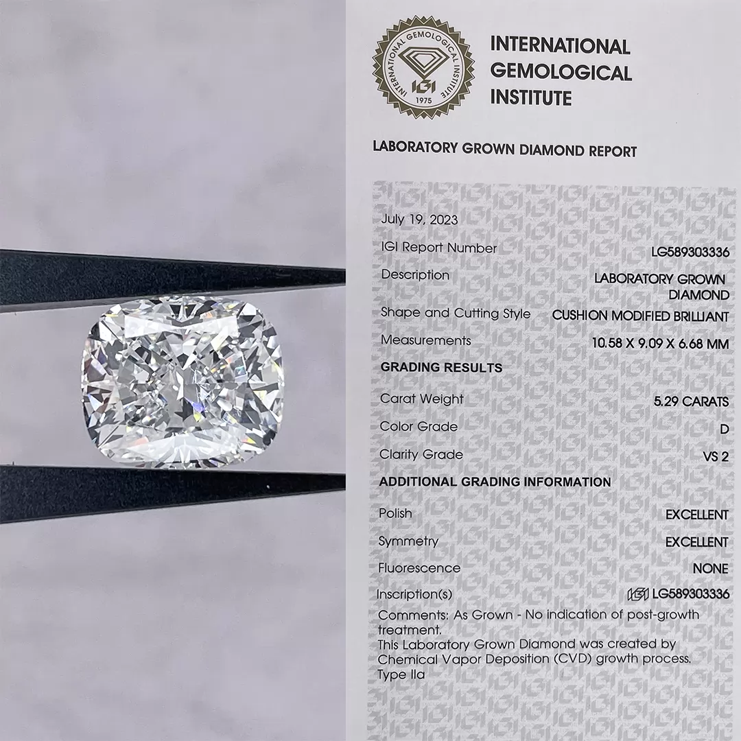 5.29ct D VS2 Cushion Cut IGI CVD Lab Grown Diamond