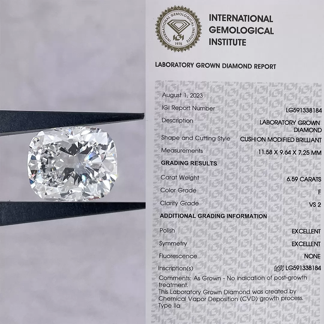 6.59ct F VS2 Cushion Cut IGI CVD Lab Grown Diamond