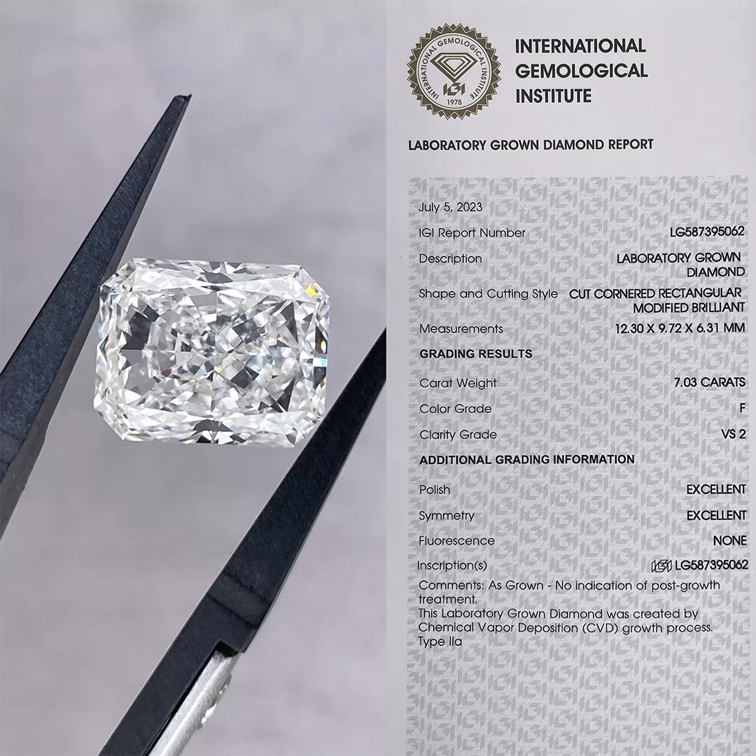 7.03ct F VS2 Radiant Cut IGI CVD Lab Grown Diamond