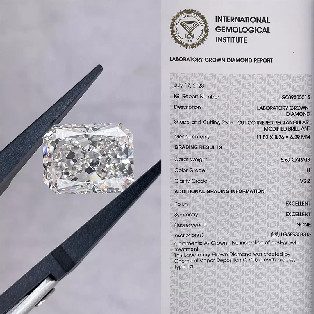 5.69ct H VS2 Radiant Cut IGI CVD Lab Grown Diamond