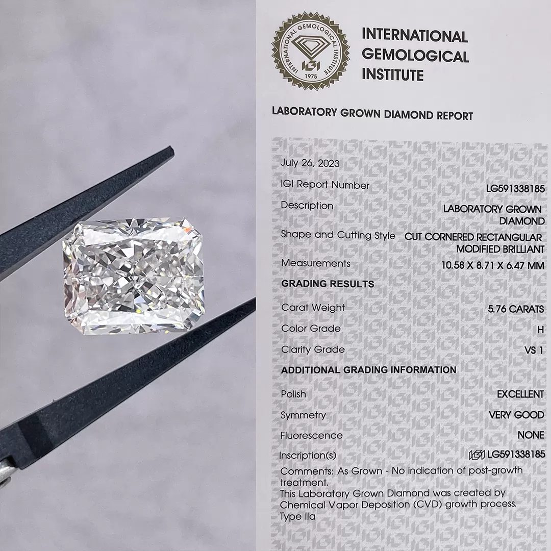 5.76ct H VS1 Radiant Cut IGI CVD Lab Grown Diamond