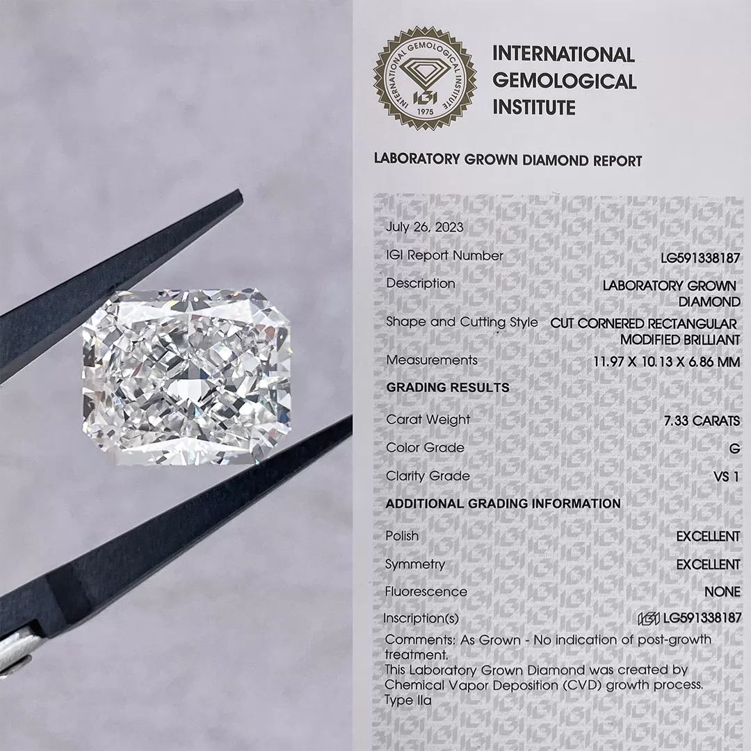 7.33ct G VS1 Radiant Cut IGI CVD Lab Grown Diamond