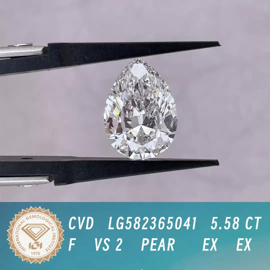 5.58ct F VS2 Pear Cut IGI CVD Lab Grown Diamond