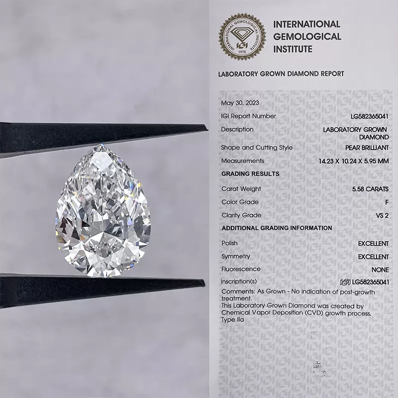 5.58ct F VS2 Pear Cut IGI CVD Lab Grown Diamond