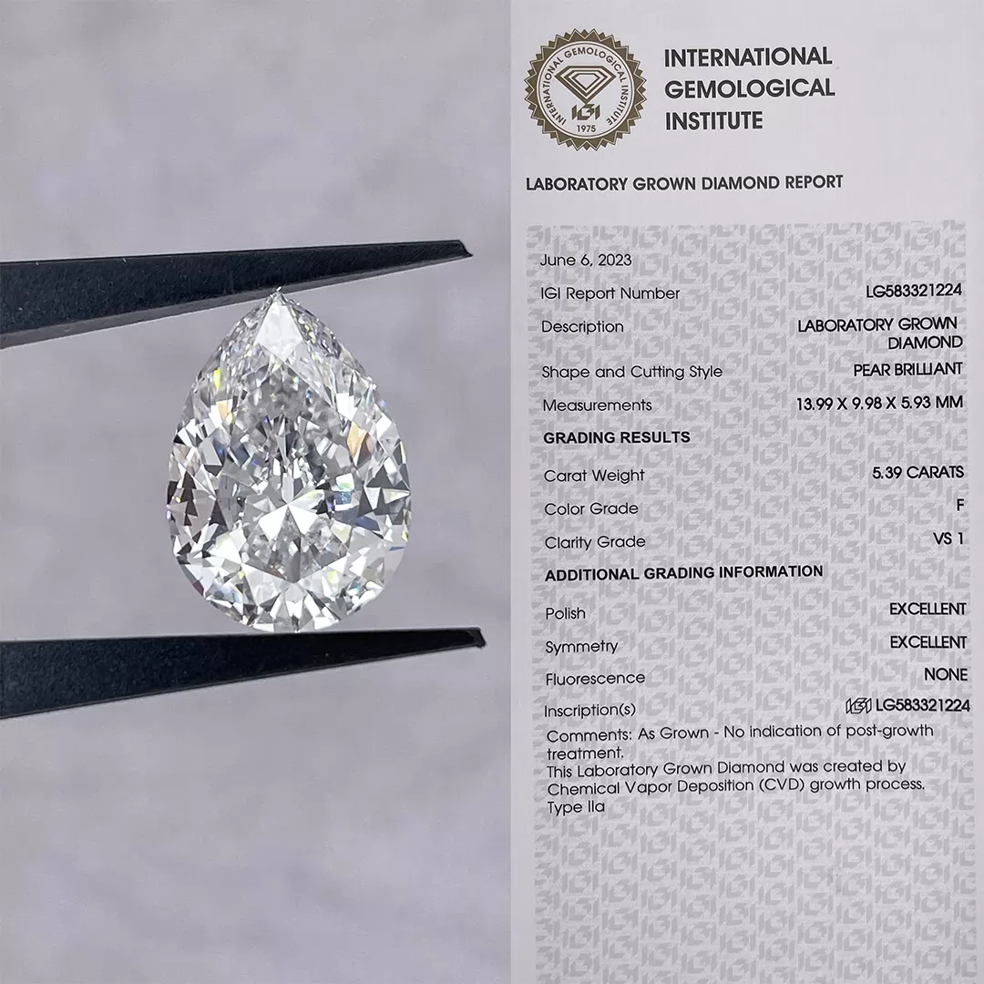 5.39ct F VS1 Pear Cut IGI CVD Lab Grown Diamond