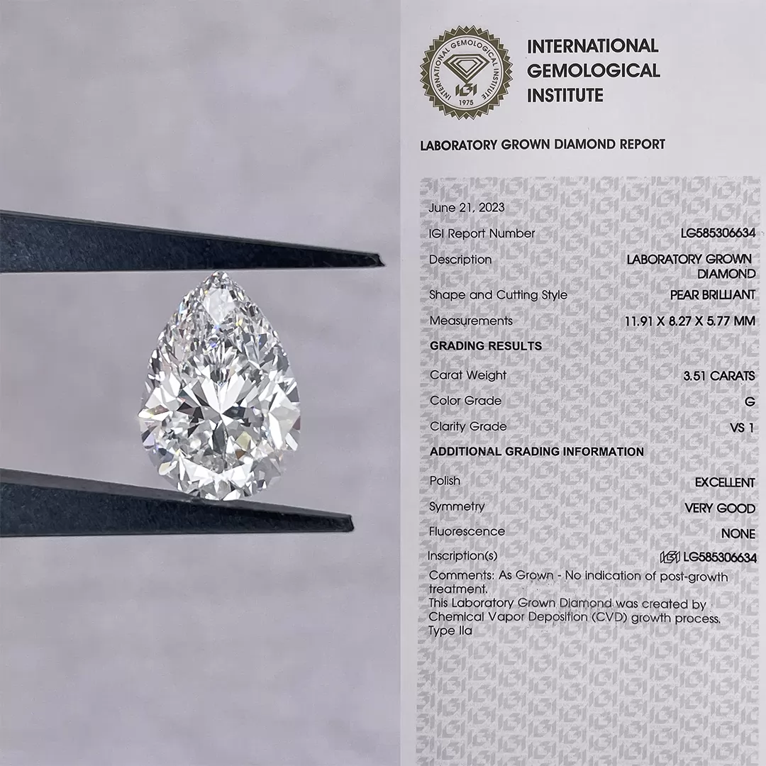 3.51ct G VS1 Pear Cut IGI CVD Lab Grown Diamond