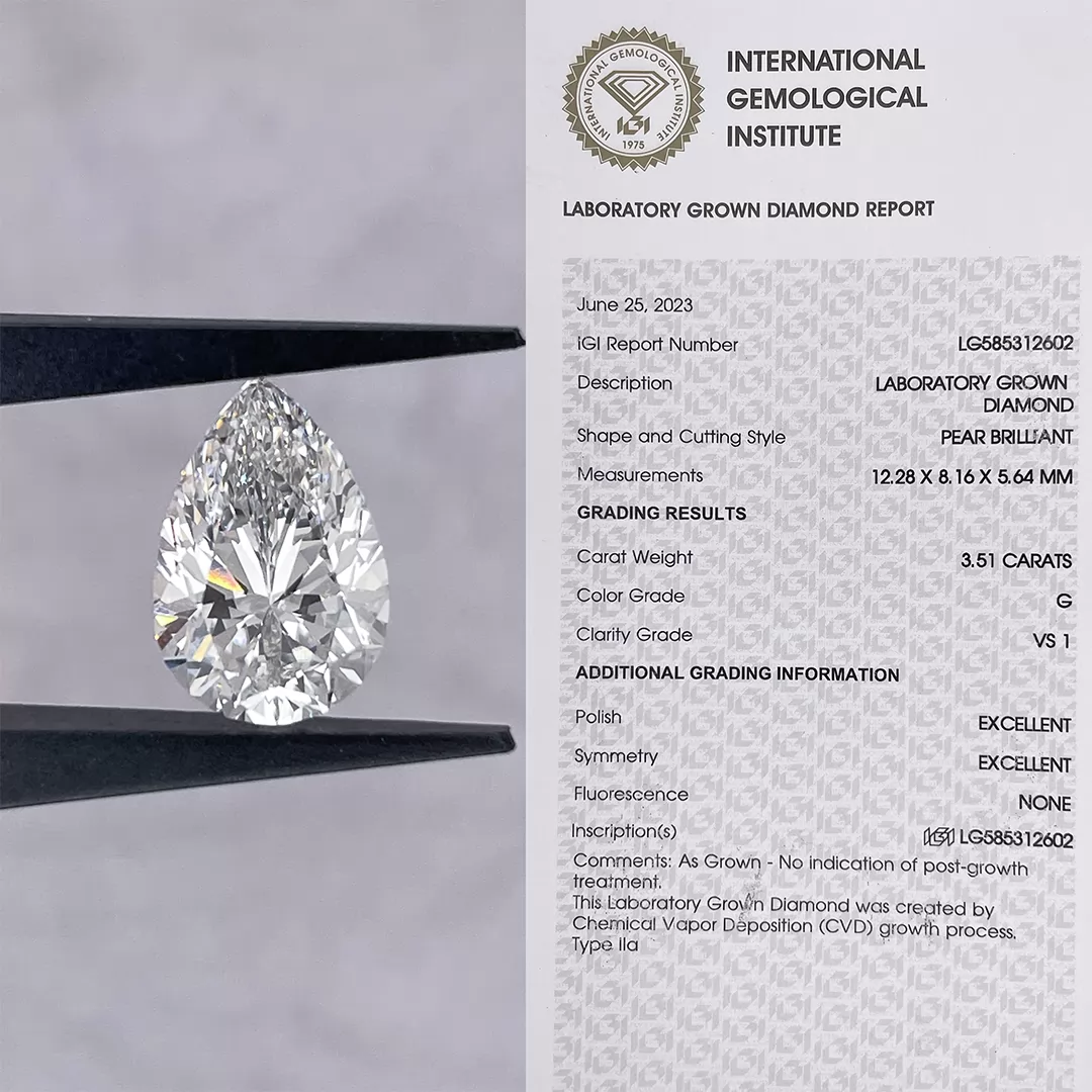 3.51ct G VS1 Pear Cut IGI CVD Lab Grown Diamond