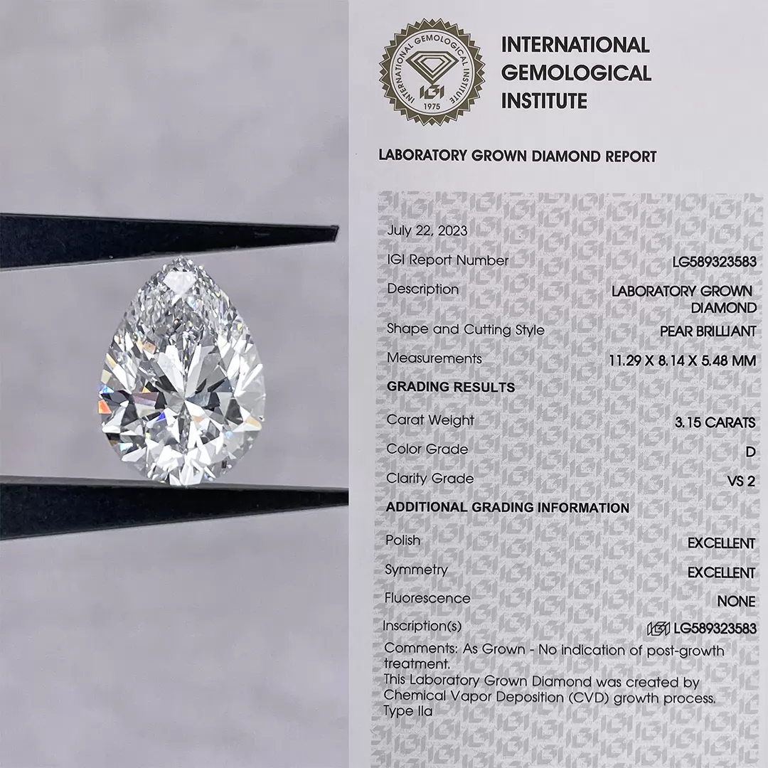 3.15ct D VS2 Pear Cut IGI CVD Lab Grown Diamond