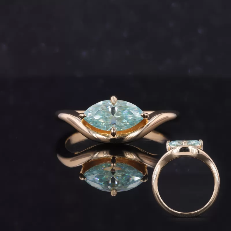 5×10mm Marquise Cut Blue Moissanite 14K Yellow Gold Solitaire Engagement Ring