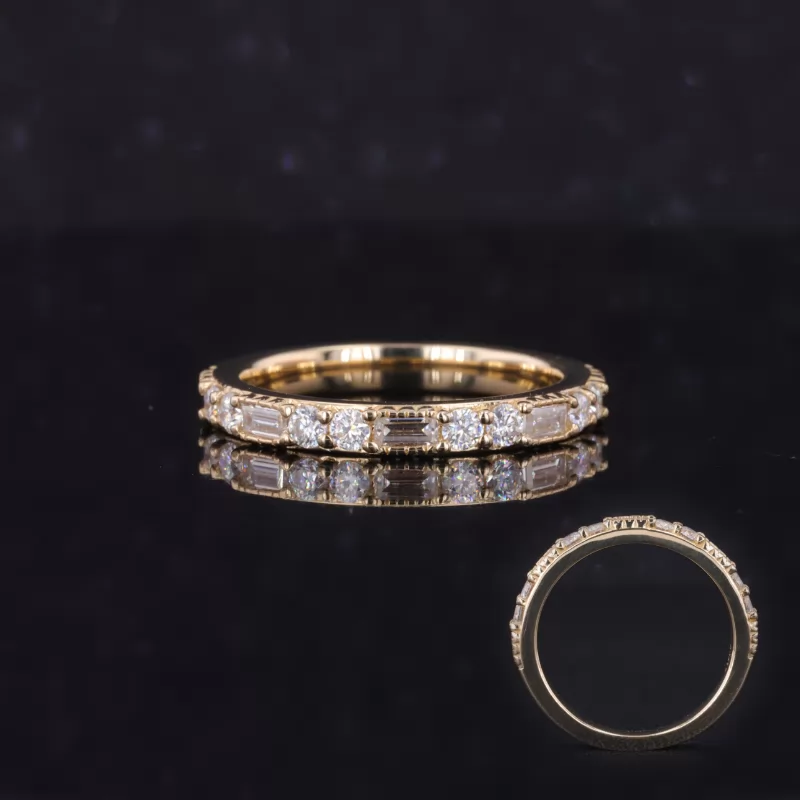 3×1.5mm Octagon Emerald Cut Moissanite & 1.5mm Round Brilliant Cut Moissanite 10K Yellow Gold Diamond Ring