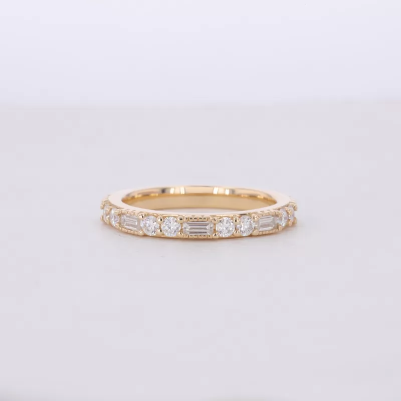 3×1.5mm Octagon Emerald Cut Moissanite & 1.5mm Round Brilliant Cut Moissanite 10K Yellow Gold Diamond Ring