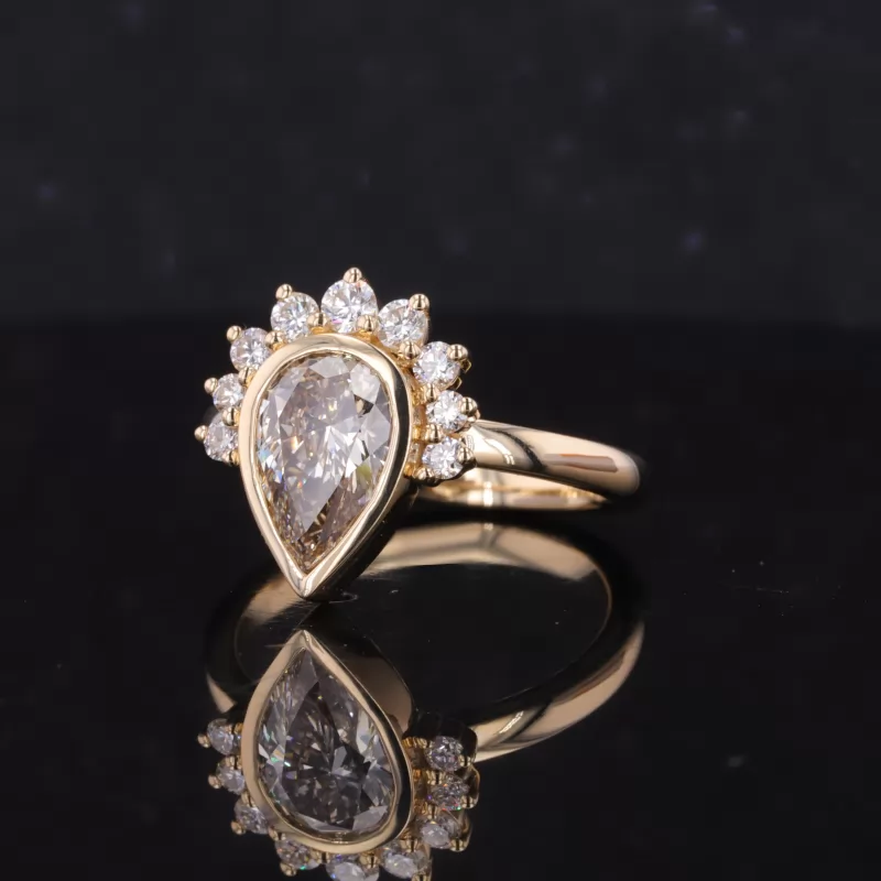 6.5×10mm Pear Cut Champagne Color Lab Grown Diamond 10K Yellow Gold Vintage Engagement Ring