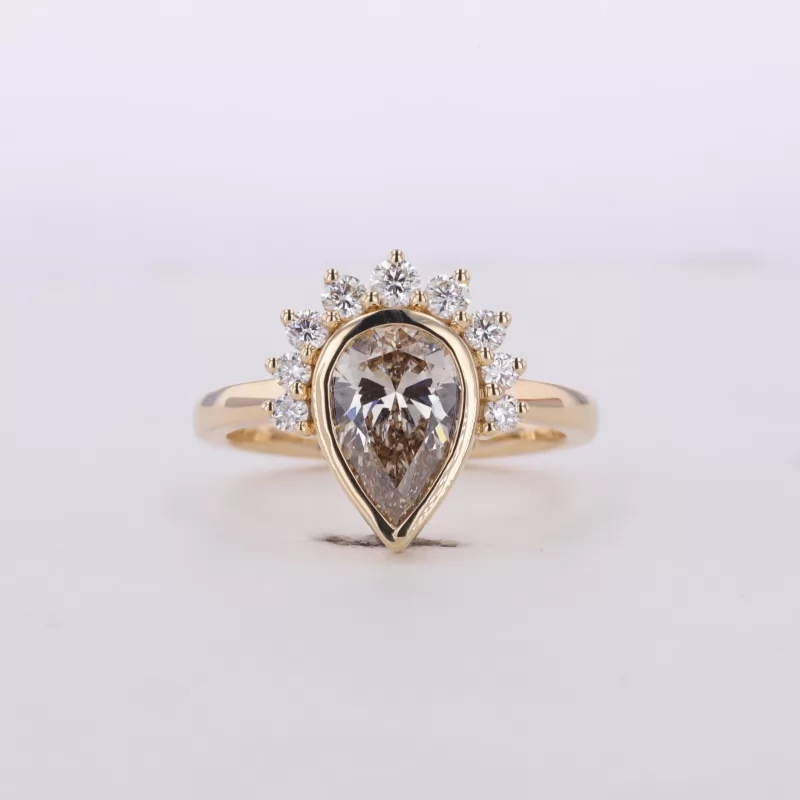 6.5×10mm Pear Cut Champagne Color Lab Grown Diamond 10K Yellow Gold Vintage Engagement Ring