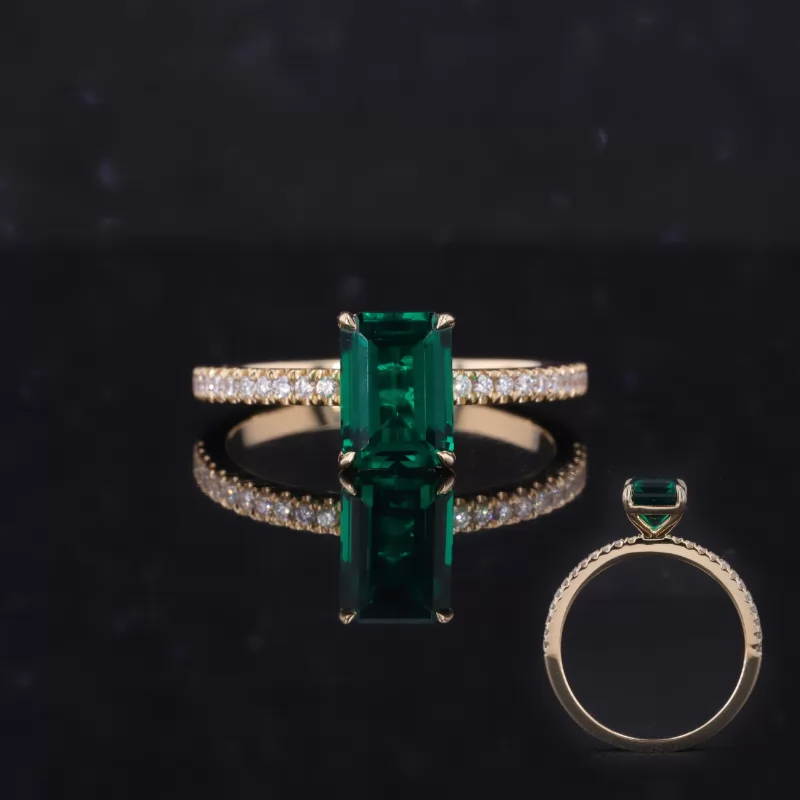 7×9mm Octagon Emerald Cut Lab Grown Emerald 10K Yellow Gold Pave Engagement Ring