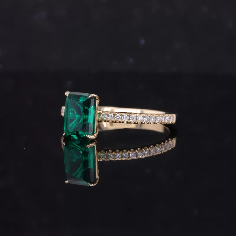 7×9mm Octagon Emerald Cut Lab Grown Emerald 10K Yellow Gold Pave Engagement Ring