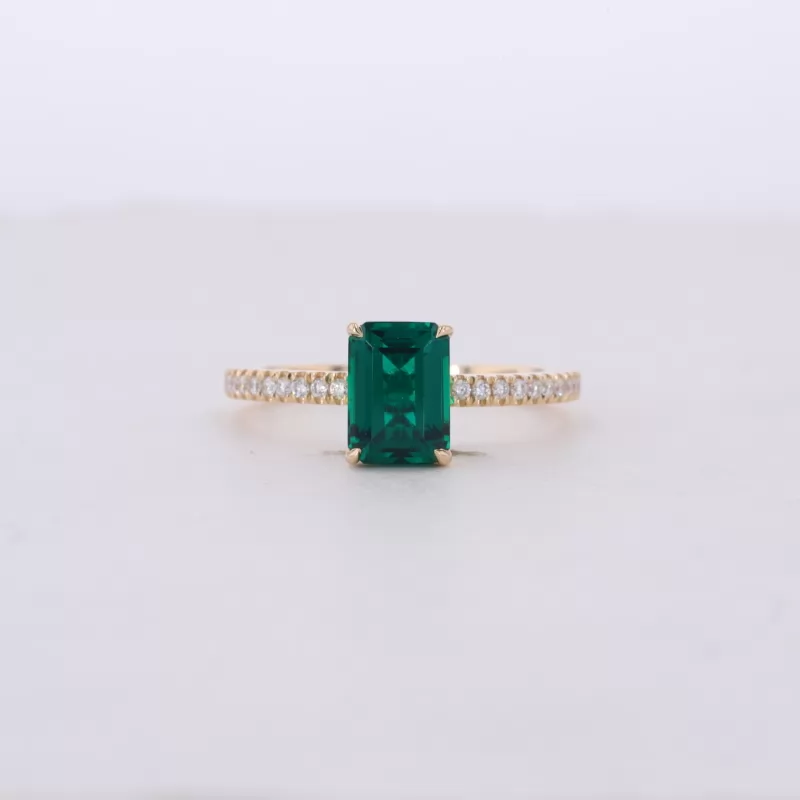 7×9mm Octagon Emerald Cut Lab Grown Emerald 10K Yellow Gold Pave Engagement Ring