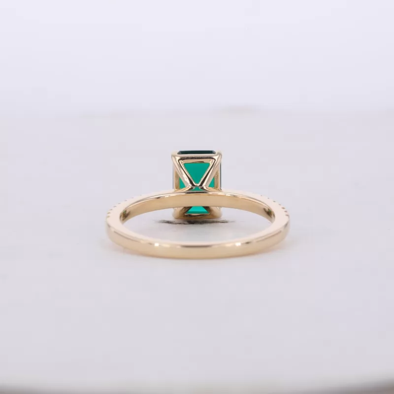 7×9mm Octagon Emerald Cut Lab Grown Emerald 10K Yellow Gold Pave Engagement Ring