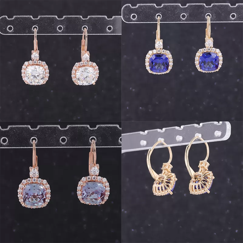 8×8mm Cushion Cut Moissanite & Lab Grown Sapphire & Lab Grown Alexandrite Sapphire 14K Gold Diamond Earrings