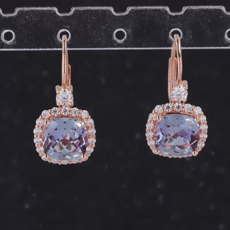 8×8mm Cushion Cut Moissanite & Lab Grown Sapphire & Lab Grown Alexandrite Sapphire 14K Gold Diamond Earrings